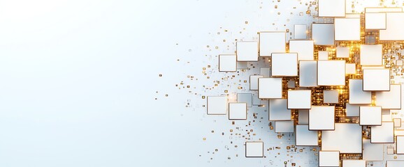 Poster - An abstract composition of floating, illuminated cubes against a light background, conveying a sense of depth and modernity, ideal for tech and design concepts.