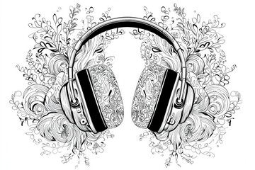 Poster - An intricate, black and white illustration features detailed headphones at the center, surrounded by elegant floral patterns and swirling designs, showcasing artistry and creativity