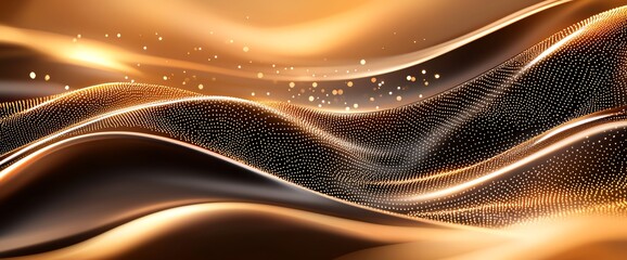 Poster - A mesmerizing abstract background featuring flowing waves of golden hues, combined with sparkling elements that create a sense of elegance and fluidity, perfect for various design