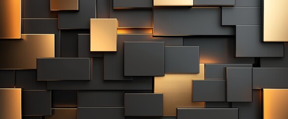 Poster - An abstract background featuring a dynamic arrangement of rectangular shapes in black and gold hues. Ideal for design projects requiring a modern and sophisticated touch.