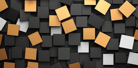 Poster - An artistic arrangement of colorful squares in gold, black, and white, creating a visually striking pattern. Perfect for modern design projects and contemporary aesthetics.