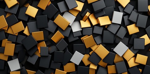 Poster - A vibrant collection of geometric squares in black, gold, and silver colors, creating a visually striking abstract pattern. Ideal for design, backgrounds, and creative projects.