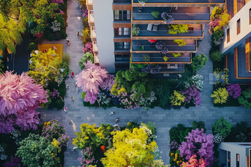 Poster - This lively urban garden features an array of blossoming flowers and flourishing trees, surrounding modern buildings on a bright and sunny spring day