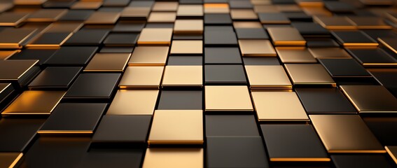 Poster - A close-up view of a modern textured surface composed of black and golden tiles. The geometric design creates a visually striking pattern, perfect for backgrounds or digital art.