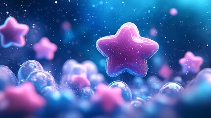 glowing star shaped bubbles float in blue space