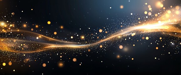 Poster - A mesmerizing graphic featuring luminous golden waves and sparkling particles against a dark backdrop, perfect for digital designs, backgrounds, or artistic projects.