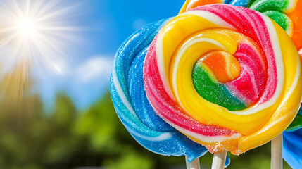 Poster - Colorful lollipops shine under the sun, surrounded by greenery, creating a vibrant and cheerful atmosphere.