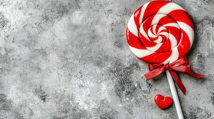 Wall Mural - A vibrant red and white swirl lollipop with a small heart nearby, set against a textured gray background.