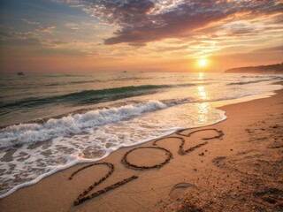 Canvas Print - Sunrise Over Ocean With Year Written in Sand at the Beach. Generative AI