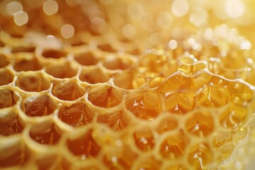 Poster - macro honey texture with glistening golden nectar dripping from the cells