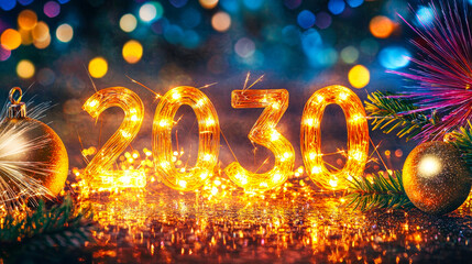 Poster - A vibrant arrangement showcases the year 2030 in illuminated numbers surrounded by festive ornaments and sparkling lights