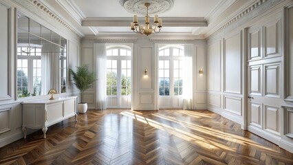 Sticker - Elegant White European Room With Wooden Flooring. Generative AI