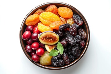 Wall Mural - Bowl with dried fruits on white background, top view. Healthy food