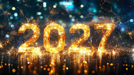 Poster - The year 2027 is celebrated with dazzling lights and fireworks creating a vibrant atmosphere during the New Year festivities