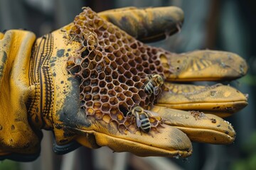 Poster - beekeeper is holding out their gloved hand, which has a piece of honeycomb with two bees on it