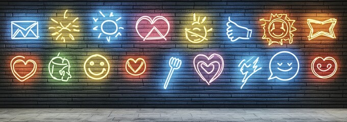 A collection of pop art icons. Includes a neon sign, bright signboard, and light banner. Features neon isolated icon and emblem. Includes heart, diamond, pizza, smile, hand, ice cream, star, donut,