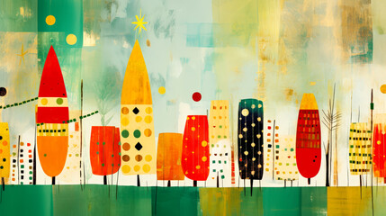 Poster - Whimsical buildings with vibrant colors and decorations capture the festive spirit of a winter cityscape