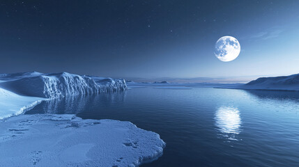 Aufkleber - The tranquil frozen landscape features a full moon casting light on icy shores and reflective waters in the quiet night