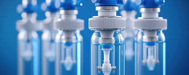 Wall Mural - The image showcases multiple glass vials filled with liquid, featuring blue caps, set against a blurred blue background.