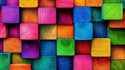 Poster - The background is a collage of wooden blocks in different hues. An array of multi colored wooden blocks lined up in a spectrum, ideal for a creative or diverse cover