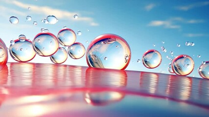 Poster - Water Droplet Reflection: A mesmerizing collection of water droplets perched on a vibrant pink surface, reflecting the azure sky and fluffy clouds above.
