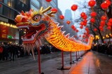 Vibrant chinese new year dragon dance celebration with lanterns in urban street