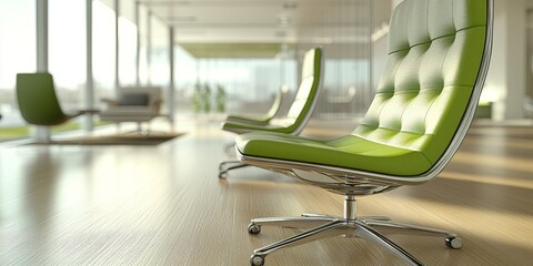 Poster - A modern office interior featuring stylish green chairs on a wooden floor with large windows allowing natural light