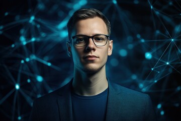Poster - Young professional standing confidently against a high-tech background with glowing connections