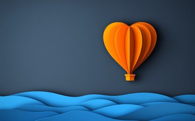 Poster - Red heart balloons in 3D paper art style gracefully float in the sky, paired with a blue abstract wave layer cut background for a unique festival and holiday banner template