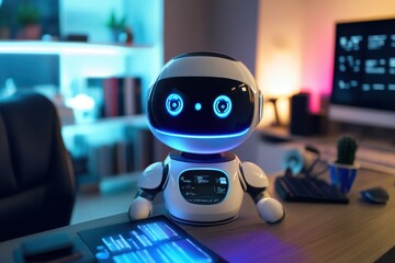 Poster - Innovative robot assistant in a modern home office setting during the evening
