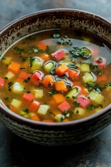 Poster - close-up of hearty vegetable broth with colorful diced vegetables served in ceramic bowl on rustic table with ample