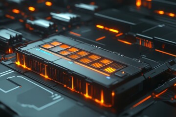 Poster - Futuristic circuit board with glowing orange elements and intricate designs in high-tech environment