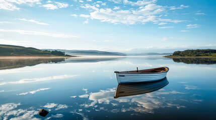  Yellow boat sits in a calm body of water.