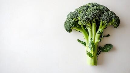 Poster - single broccoli floret with rich green hues and natural texture placed on clean white background with ample copy space