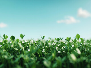 Fresh green grass and wildflowers under clear blue sky create serene natural landscape