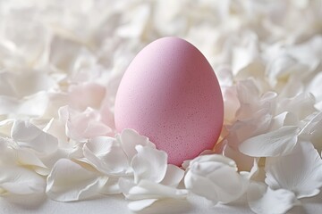 Poster - single pink easter egg surrounded by soft bed of white flower petals on clean surface