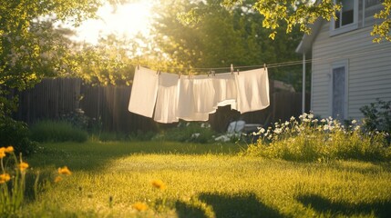 Poster - sunny backyard scene with clothesline and freshly washed linens swaying in breeze providing generous copy space