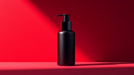 Wall Mural - A sleek black beauty product bottle with a pump sits on a vibrant red surface, casting a shadow