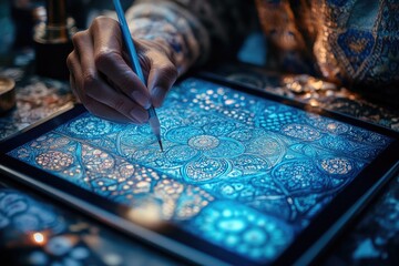 Poster - close-up of digital artist sketching intricate pattern on tablet with glowing screen providing depth