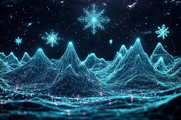 Neon Wireframe Mountain Ranges with Glowing Geometric Snowflakes in Frosted Cyan Landscape
