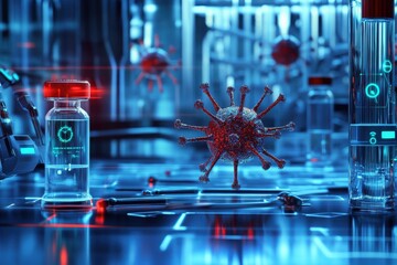Poster - Laboratory scene showing viral research with vials and virus model in high-tech environment