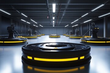 Poster - Advanced technology showcased in a futuristic warehouse with unique circular platforms