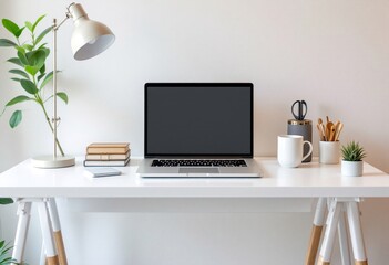 modern home office desk with laptop, lamp, and plants. minimalist workspace setup for remote work. c