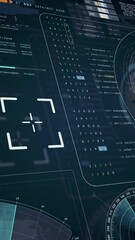Poster - Motion graphic of Head up display (HUD UI) and circuit panel technology interface screen with futuristic elements graph and chat panel abstract background vertical video concepts