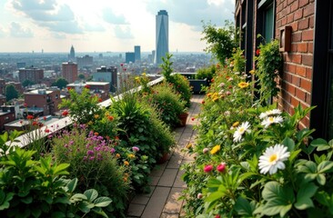 vibrant rooftop garden with colorful flowers in urban setting. cityscape skyline in background. sustainable city living. eco-friendly concept, need for environmental conservation, ecology