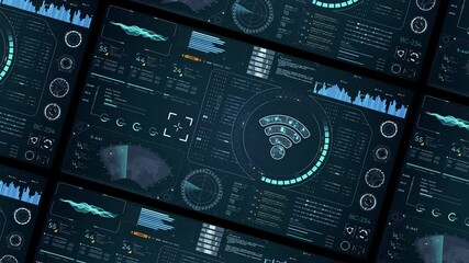 Poster - Motion graphic of Blue digital WIFI logo with head up display (HUD UI) panel and futuristic technology abstract background data transfer and Wireless Fidelity connection video concepts