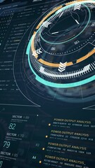 Poster - Motion graphic of Head up display (HUD UI) and circuit panel technology interface screen with futuristic elements graph and chat panel abstract background vertical video concepts