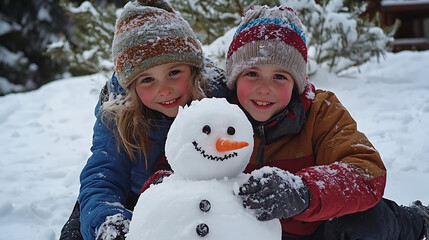 Two children are posing with a snowman