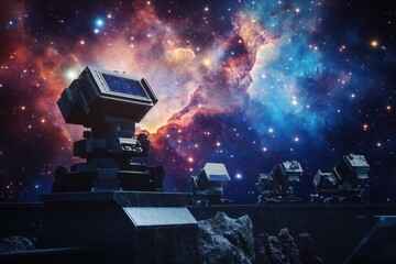 Poster - observing distant galaxies with advanced telescopes in a cosmic landscape at night