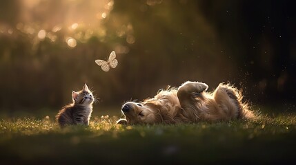 Poster -   A cat and dog resting in grass with a sky butterfly and a close-up butterfly in the foreground